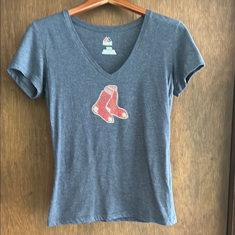 Majestic Dark Gray V-Neck Tee with Red Embellishment